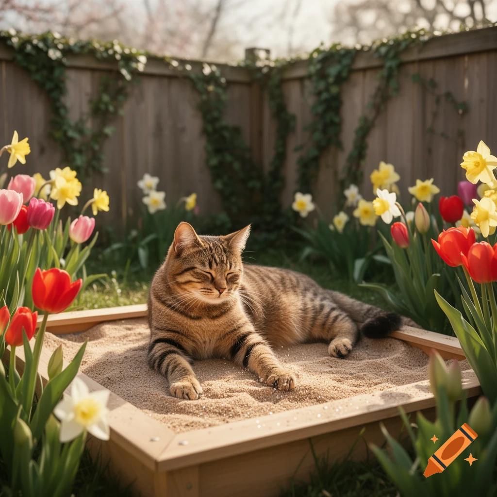 A tabby cat lies contentedly in a wooden sandbox surrounded by colorful tulips and daffodils in a sunny garden.