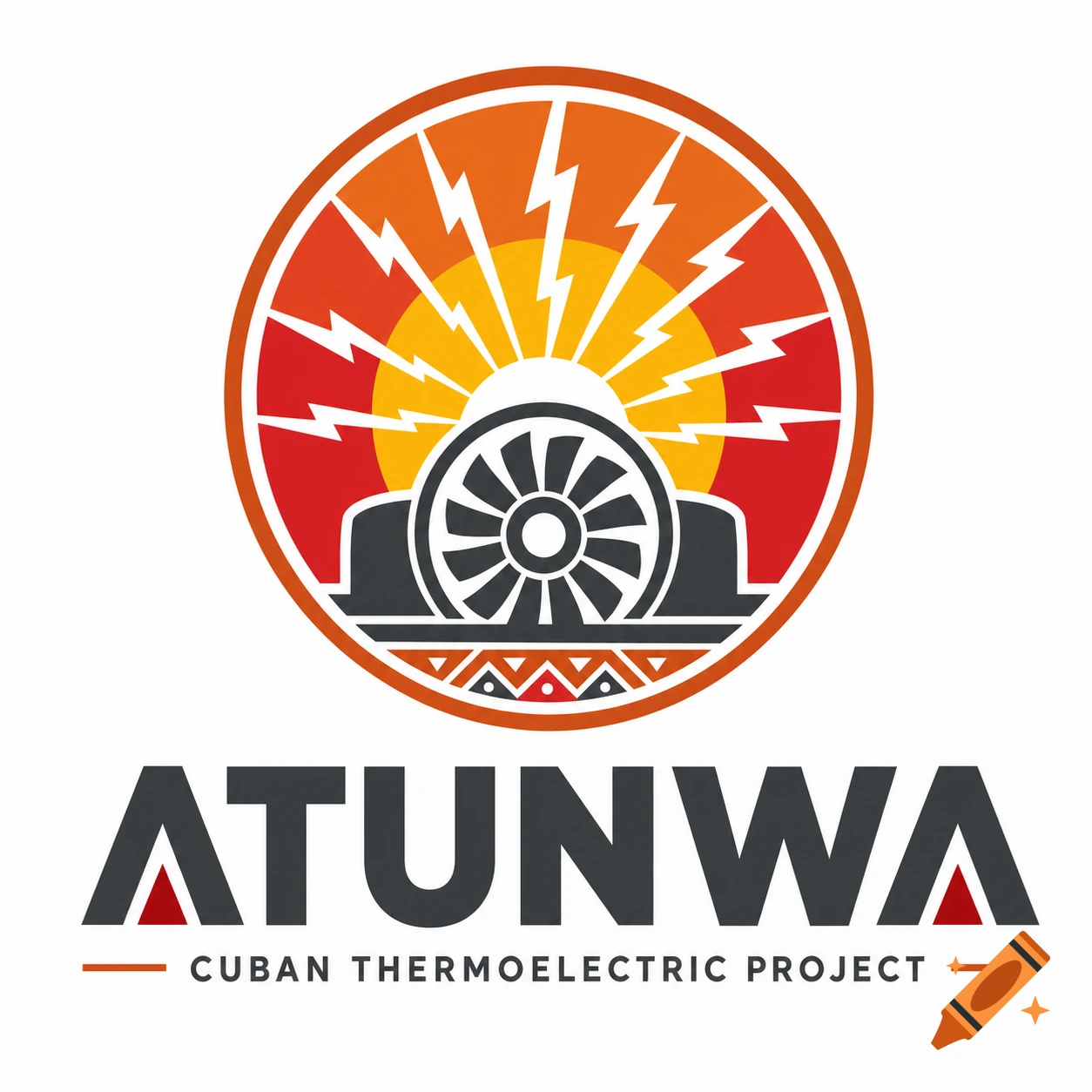 Minimalist logo for the 'Atunwa' Cuban thermoelectric project, featuring a turbine silhouette, sunrise with sparks, and text.