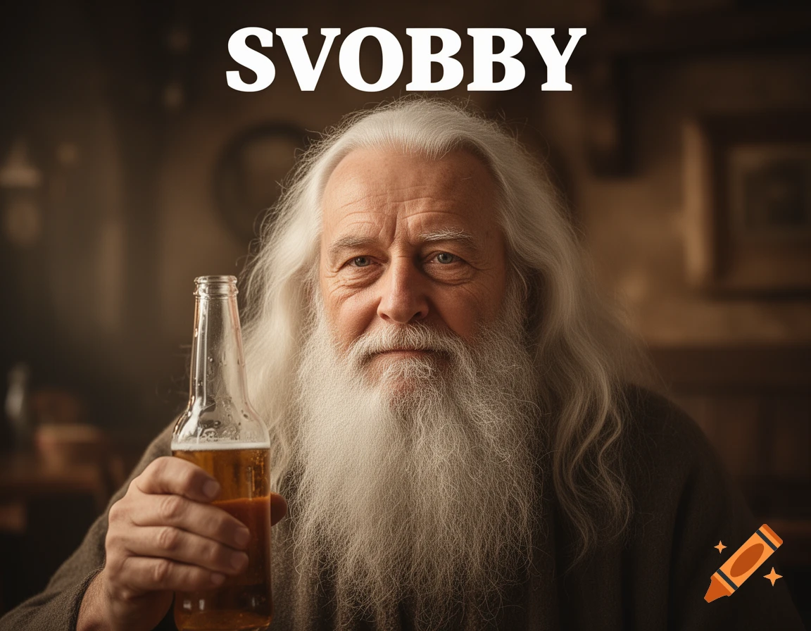 Photorealistic portrait of an old man with a long white beard holding a beer bottle, with 'SVOBBY' text above his head.