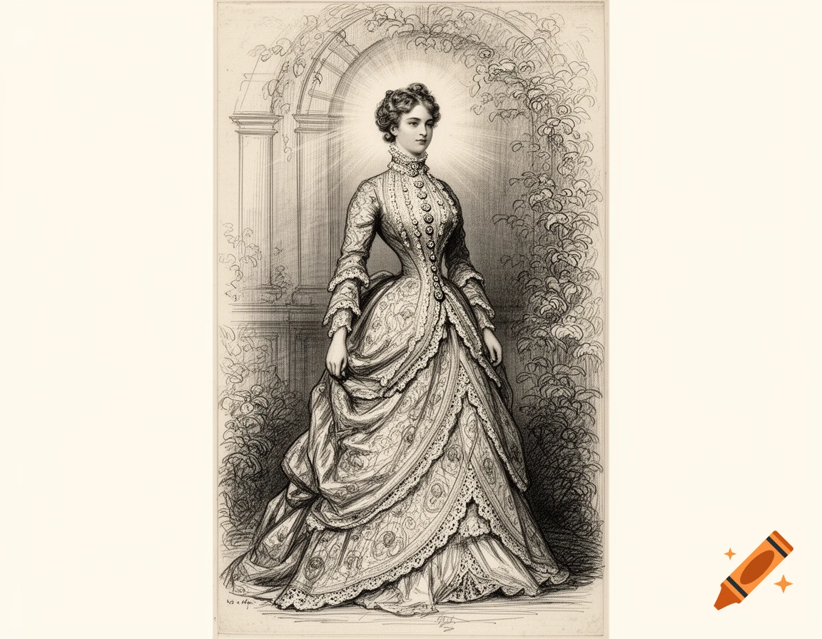 A detailed ink drawing of a Victorian woman in an ornate, ruffled gown, standing beneath a vine-covered archway with light radiating from behind her head.