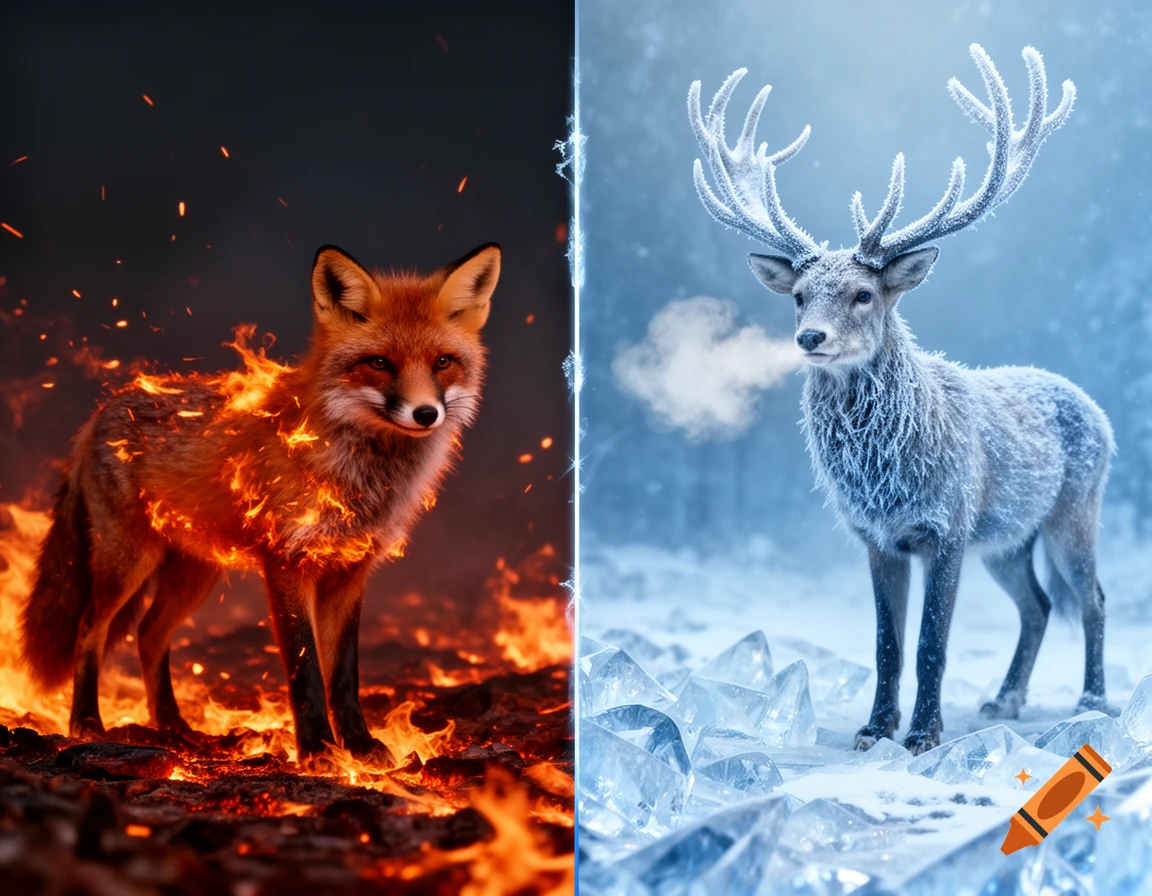 A split image with a red fox engulfed in flames on the left and a frozen deer on ice on the right.