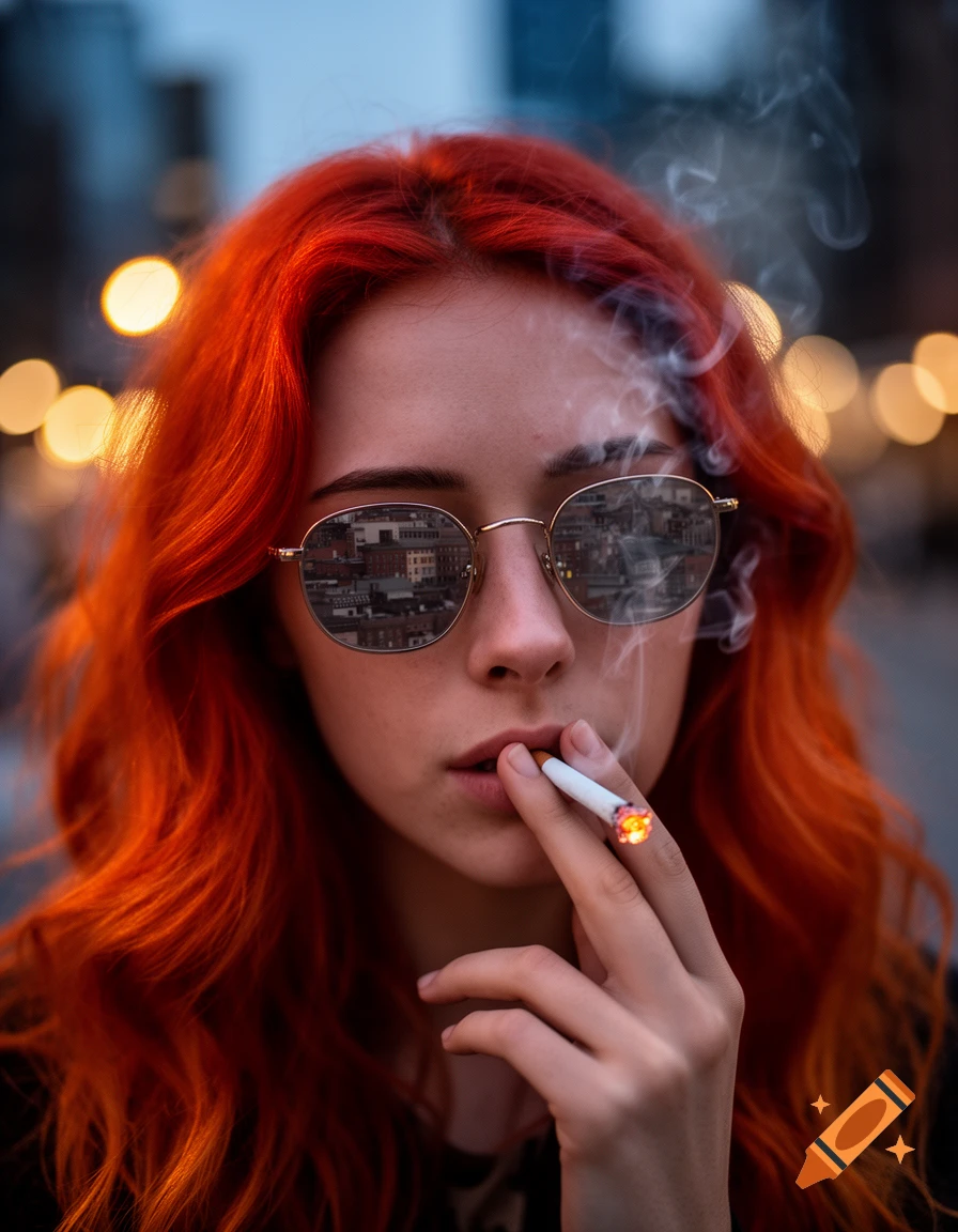 A close-up, photorealistic portrait of a woman with vibrant red hair, wearing sunglasses, smoking a cigarette in a blurred city background.