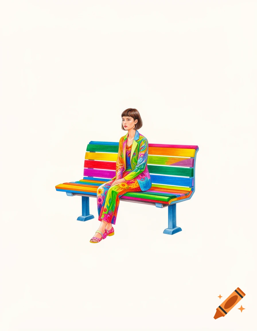 A woman with short hair sits on a rainbow-striped bench, wearing a brightly colored suit with floral patterns. Illustration.