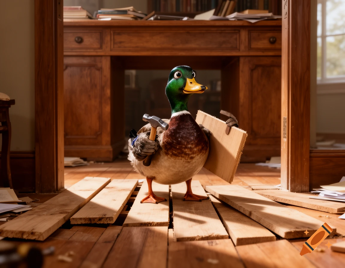 A photorealistic duck wearing a vest holds a hammer and a wooden plank, standing on uneven wooden floorboards in a room with a large wooden desk.