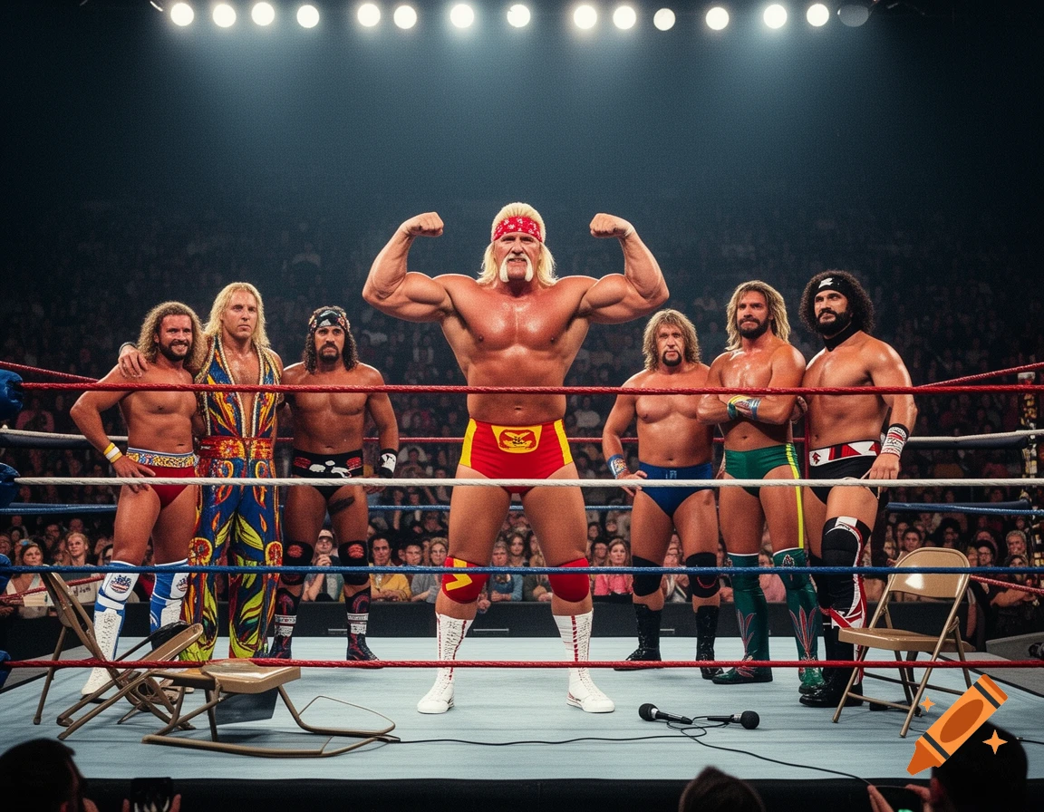 Hulk Hogan and other famous wrestlers pose in a brightly lit wrestling ring before a crowd.