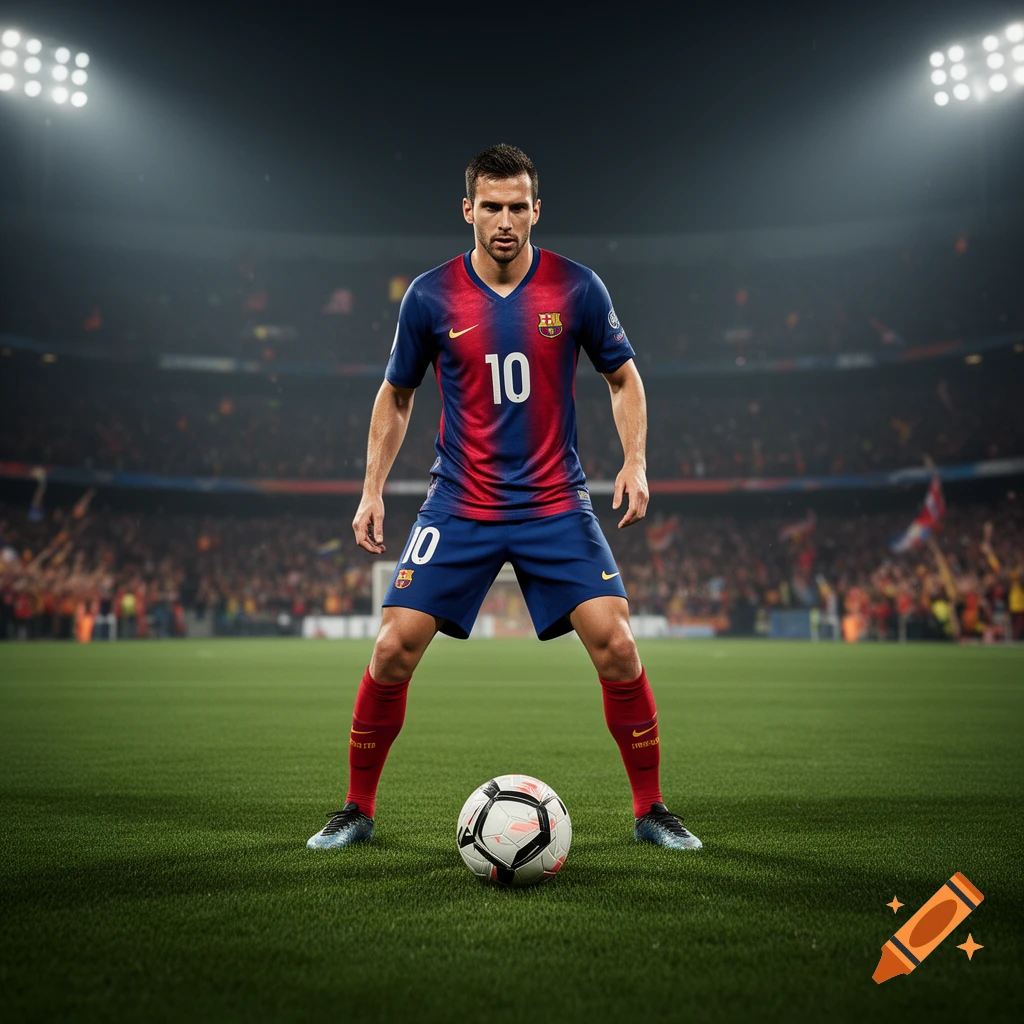 A photorealistic image of a football player in a red and blue jersey with number 10, standing on a green field with a soccer ball in a stadium.