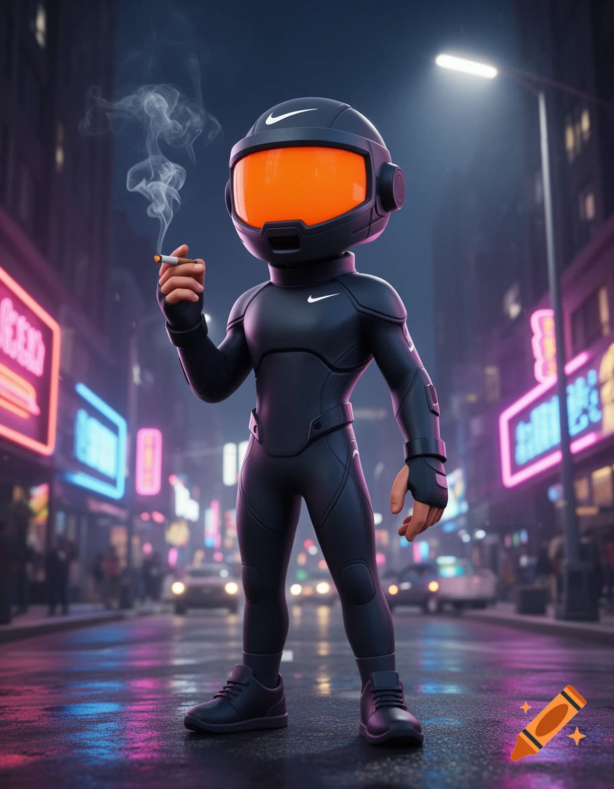 A stylized 3D character in a black suit with a Nike logo helmet and orange visor stands on a wet city street at night, holding a lit cigarette with smoke rising.