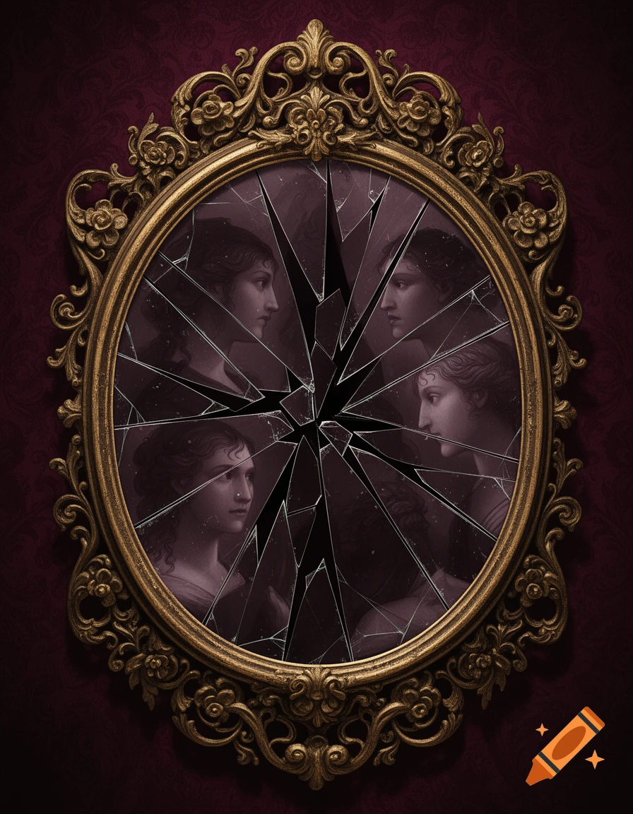 A shattered antique gold mirror with multiple female faces reflected in its broken shards, set against a rich burgundy background in a dark gothic style.