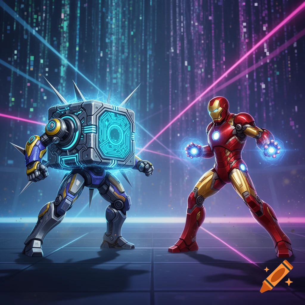 Iron Man confronts a cube-headed robot with glowing blue energy and spikes in a futuristic digital arena with neon lights.