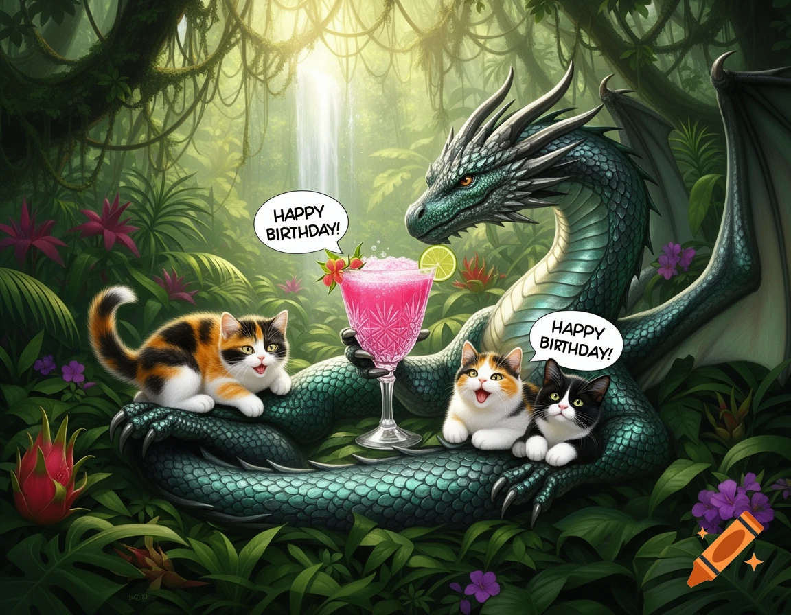 A vibrant digital illustration of a green dragon in a jungle holding a pink cocktail, with three cute kittens saying 'Happy Birthday!' in speech bubbles.