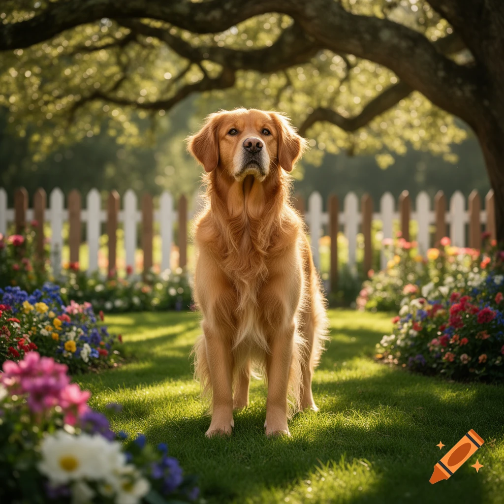 A photorealistic Golden Retriever stands in a sunny garden with a white picket fence and colorful flowers.