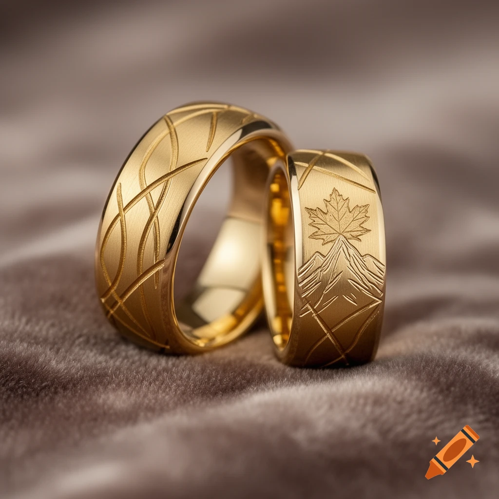 Two engraved golden wedding rings on a textured surface, one featuring a maple leaf and mountain design.