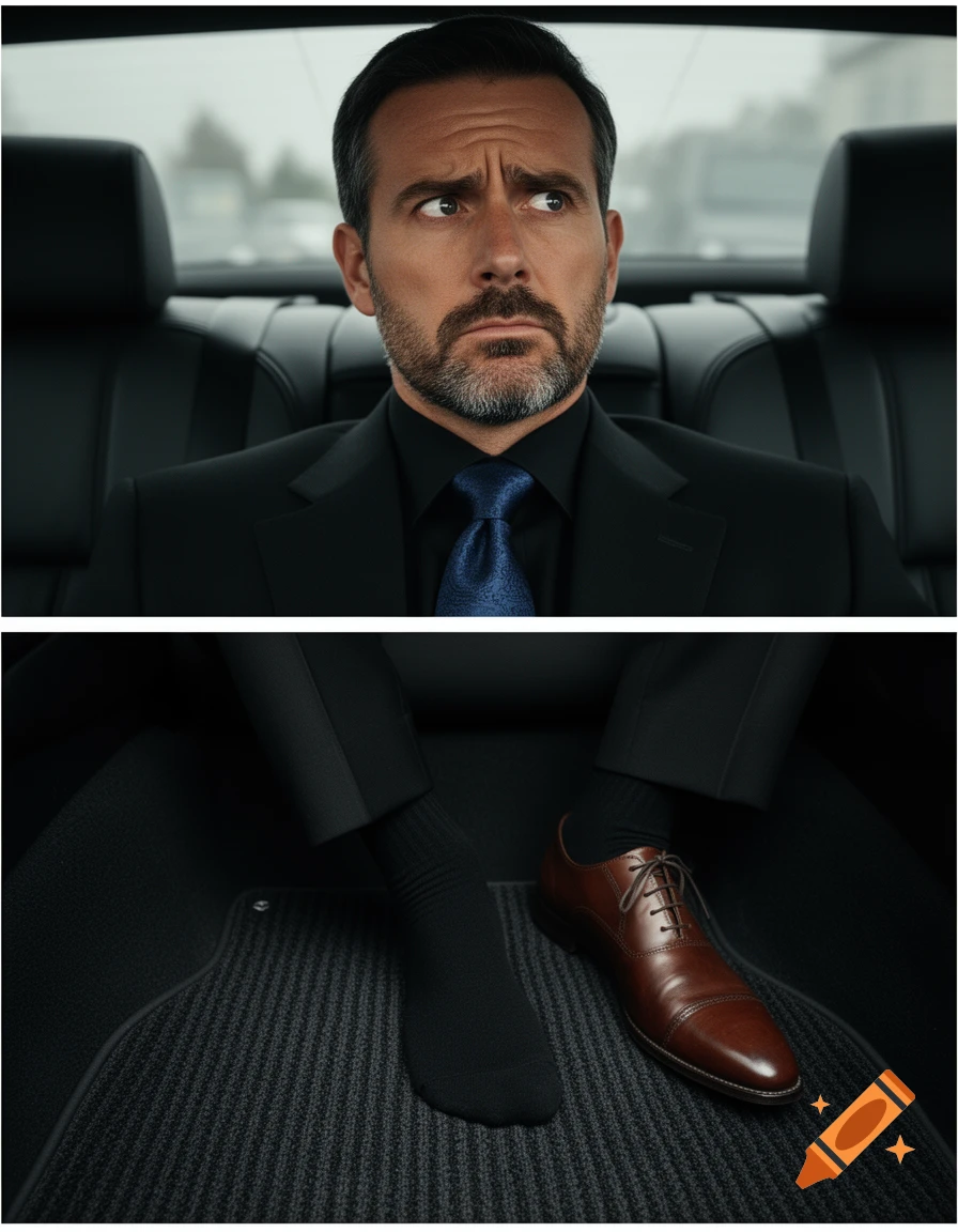 A two-panel image shows a concerned businessman in a car's back seat, then his sock-clad left foot beside a brown dress shoe.