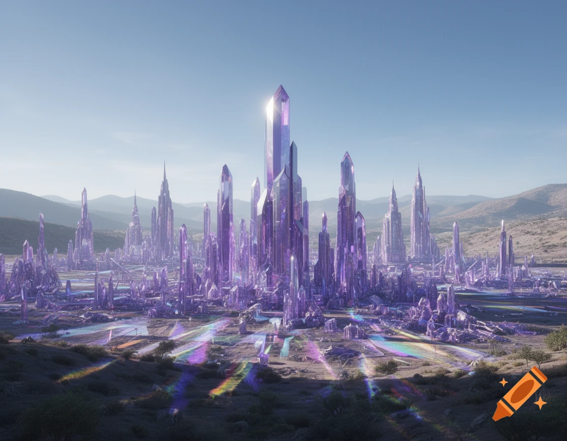 A dazzling fantasy city of sparkling purple crystals in a desert landscape under a clear sky, with rainbow light trails.
