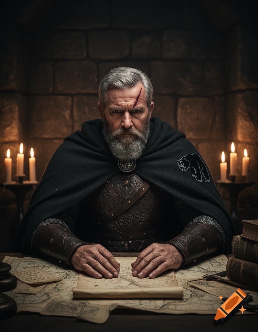 A serious medieval military historian with a gray beard and scar sits at a candlelit table with maps, wearing a dark cloak with a bear emblem.