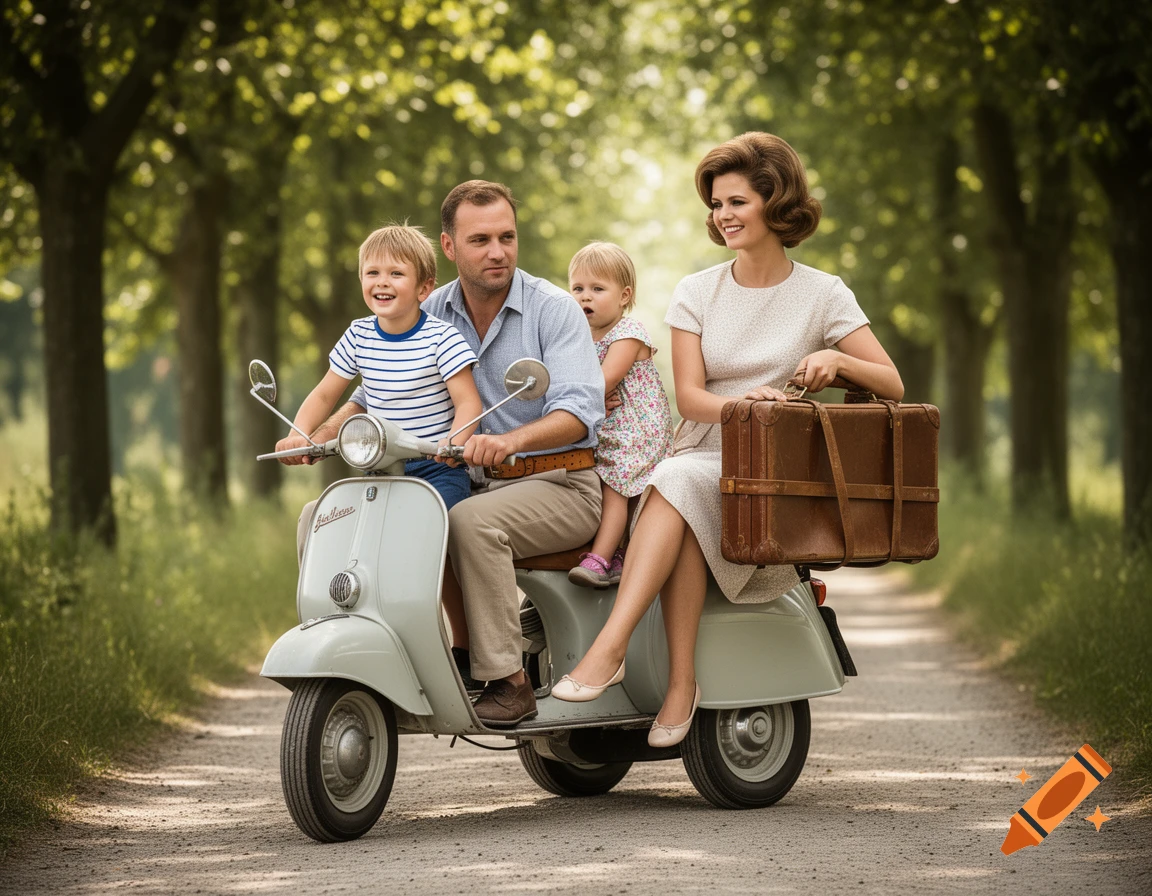A family, father, mother, and two children, ride a vintage light-blue scooter on a dirt road lined with trees. The mother holds a brown suitcase.