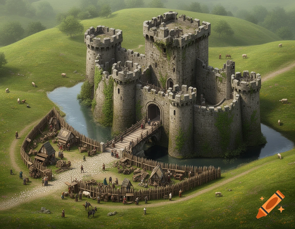 Detailed isometric medieval stone castle with a moat, busy market village, and rolling green hills with sheep, in a realistic painterly style.