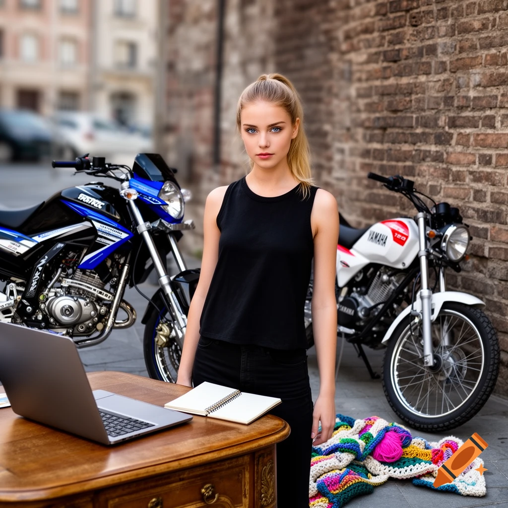 A woman with blonde hair in a ponytail stands between two motorcycles, with a laptop on a wooden desk and a colorful crocheted blanket nearby. Photorealistic.