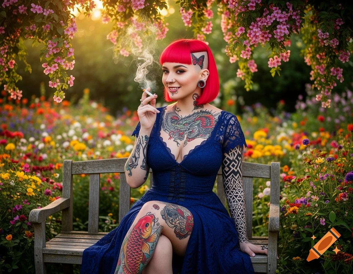 A young woman with neon red hair and elaborate tattoos on her chest and arms, wearing a blue lace dress, sits on a bench in a vibrant flowering garden, smoking a cigarette.