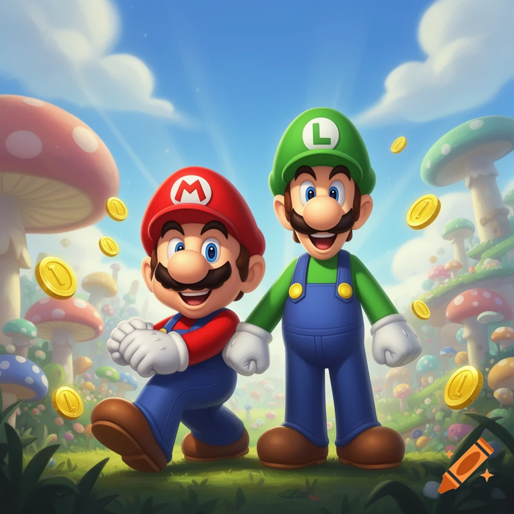 Mario and Luigi stand in a bright, cartoonish mushroom landscape with floating gold coins.