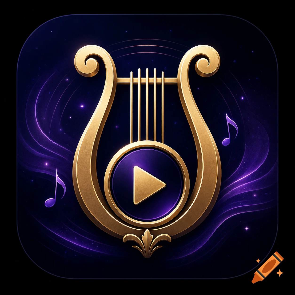 Golden lyre and purple play button app icon on a deep blue starry background with violet highlights.