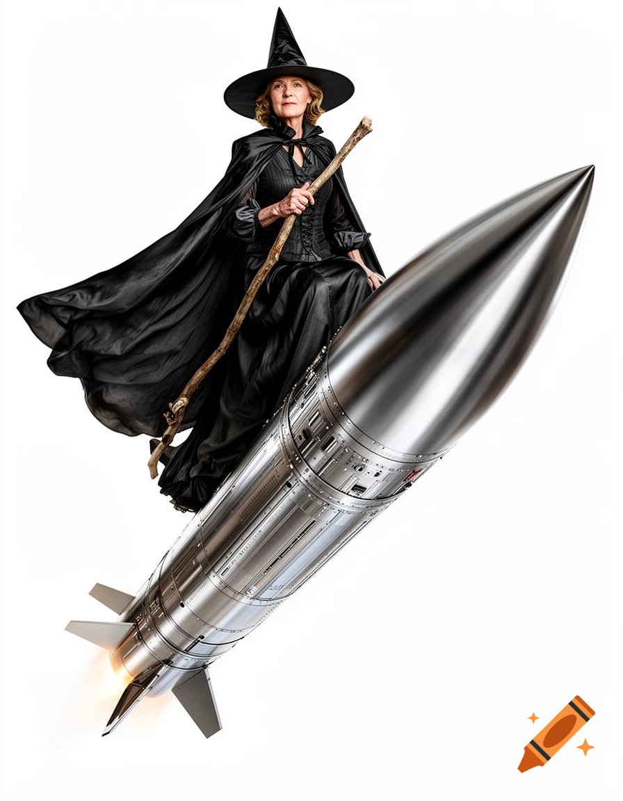 An older woman in a witch's hat and black cape flies a large silver missile with an exhaust flame.