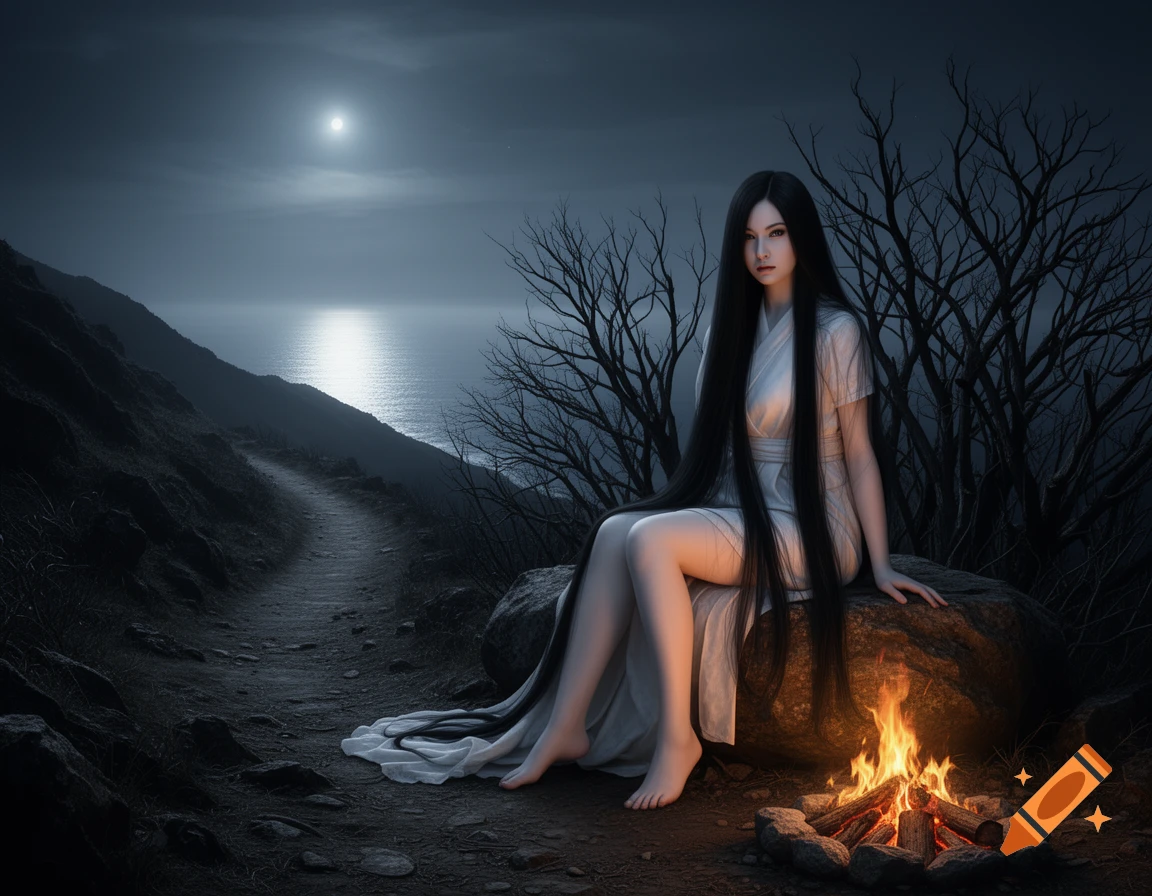 A woman with long black hair and a white dress sits by a campfire on a dark coastal mountain trail under a full moon, looking towards the viewer.