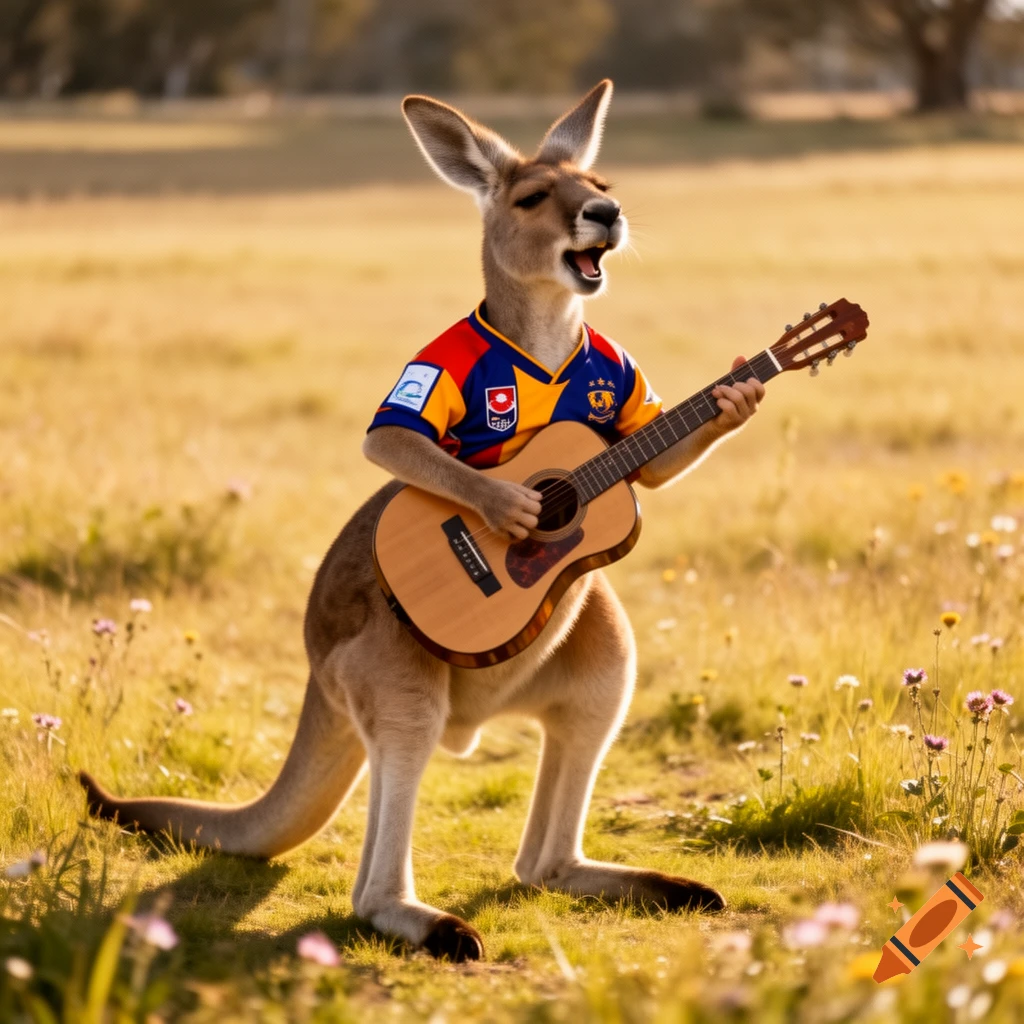 A photorealistic kangaroo in a colorful footy jersey sings with its mouth open while playing an acoustic guitar in a sunlit grassy field.