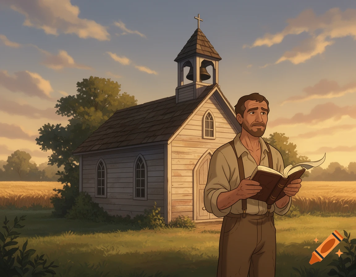 An animation of a man holding a book outside a country chapel with a field of wheat at sunset.