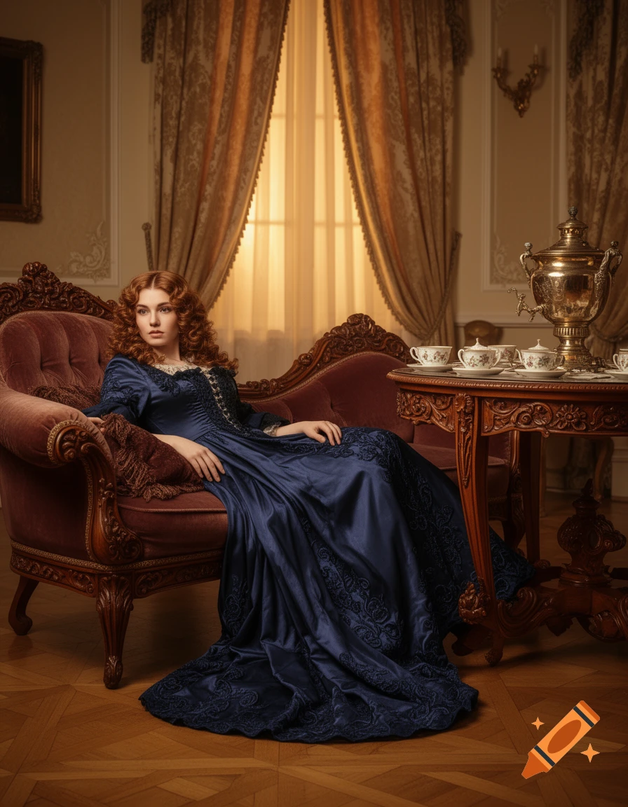 A woman with red, curly hair in a long, dark blue historical gown sits on an ornate velvet sofa in a lavish room with a samovar.