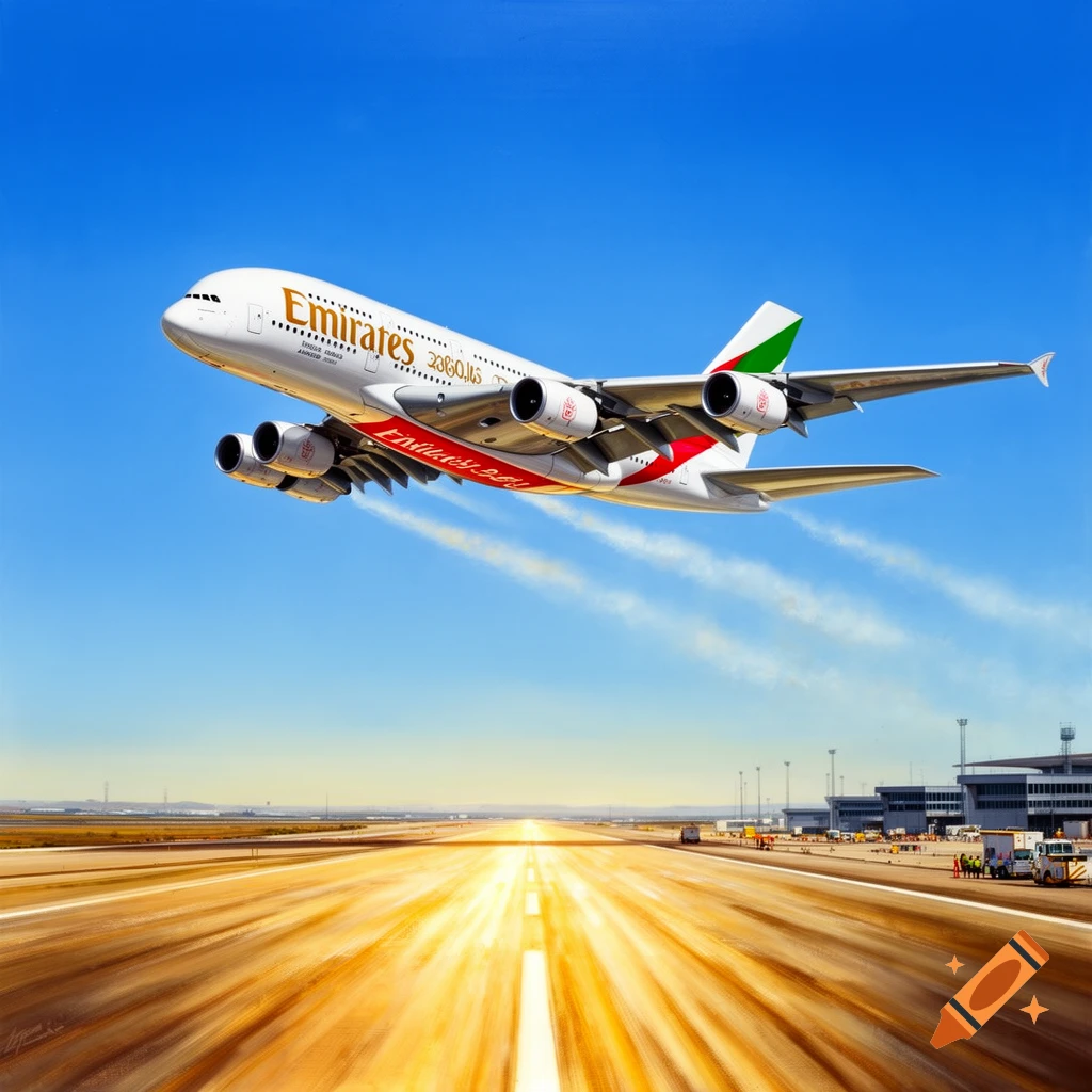 A white Emirates Airbus A380 airplane with red and green accents takes off from a runway under a bright blue sky, with a golden glow reflecting off the tarmac.