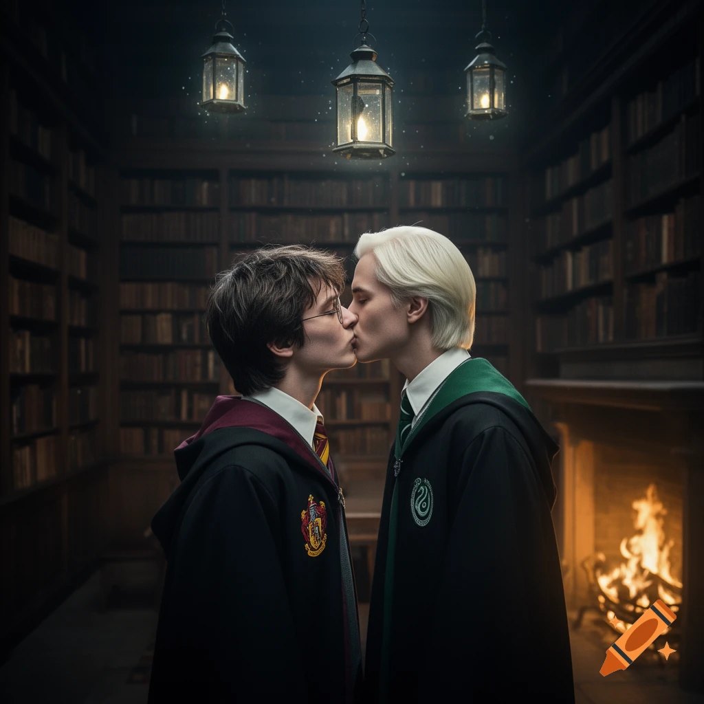 Harry Potter and Draco Malfoy share a kiss in a dark, atmospheric library lit by lanterns and a fireplace.