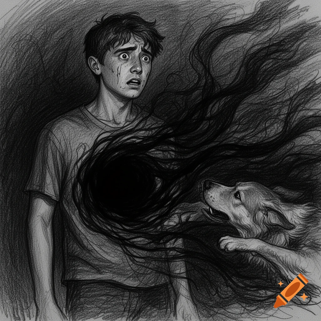 A black and white sketch of a distressed young man with a black hole in his chest, from which dark tendrils pull a dog.