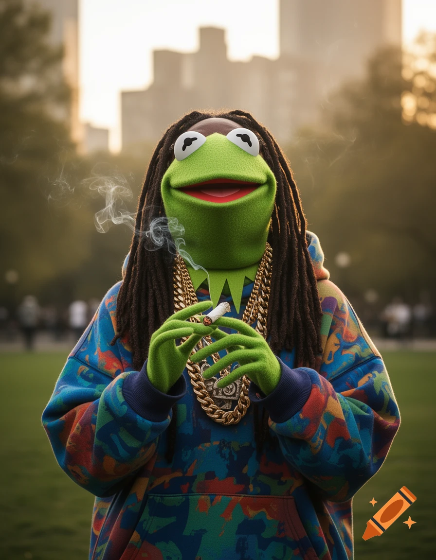 Photorealistic Kermit the Frog with dreadlocks, gold chains, and a colorful hoodie smokes a joint in a park setting.