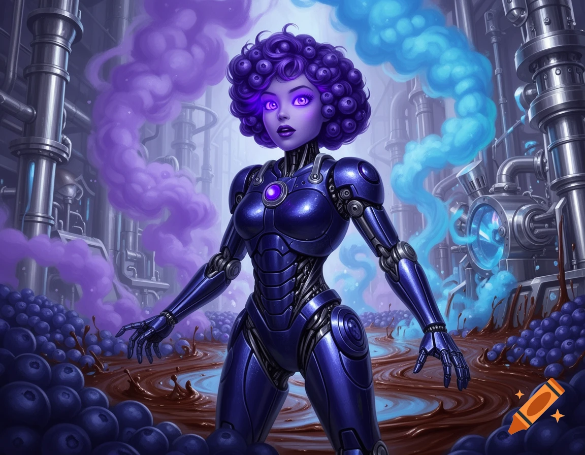 A purple-skinned robot woman with blueberry hair and a metallic suit stands in a vibrant factory filled with pipes, smoke, blueberries, and chocolate.