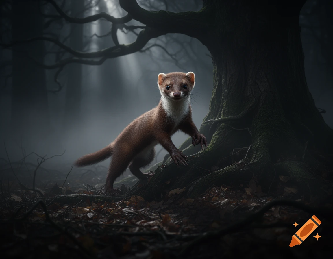 A stoat-like creature with brown fur and white chest stands by a dark, gnarled tree in a misty forest, lit by ethereal light.