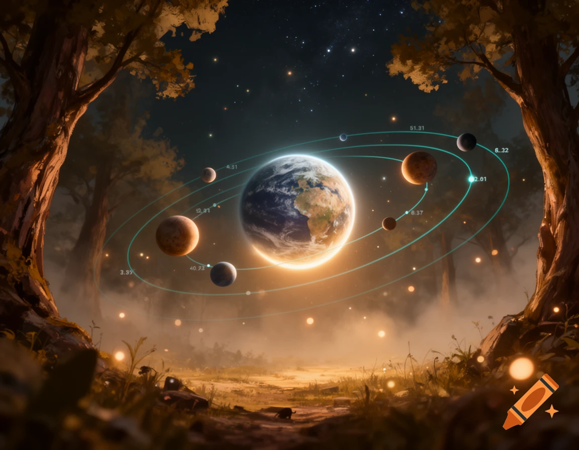 A fantasy forest at twilight frames a glowing Earth with planets, teal orbits, and data markers in a starry sky.