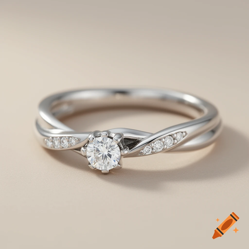 A close-up of a silver engagement ring with a twisted band, featuring a central round diamond and smaller accent stones.
