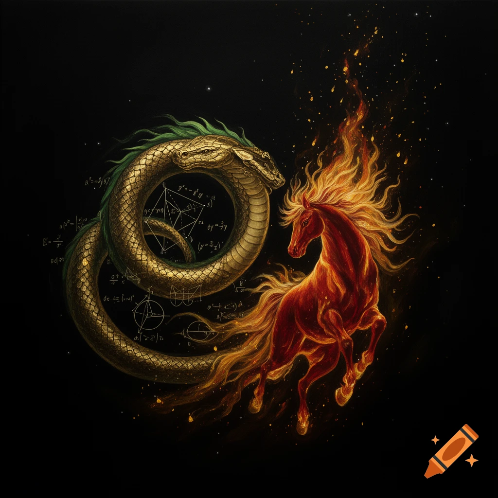 A golden ouroboros serpent coiling with mathematical symbols around a vibrant fiery red horse on a dark background.