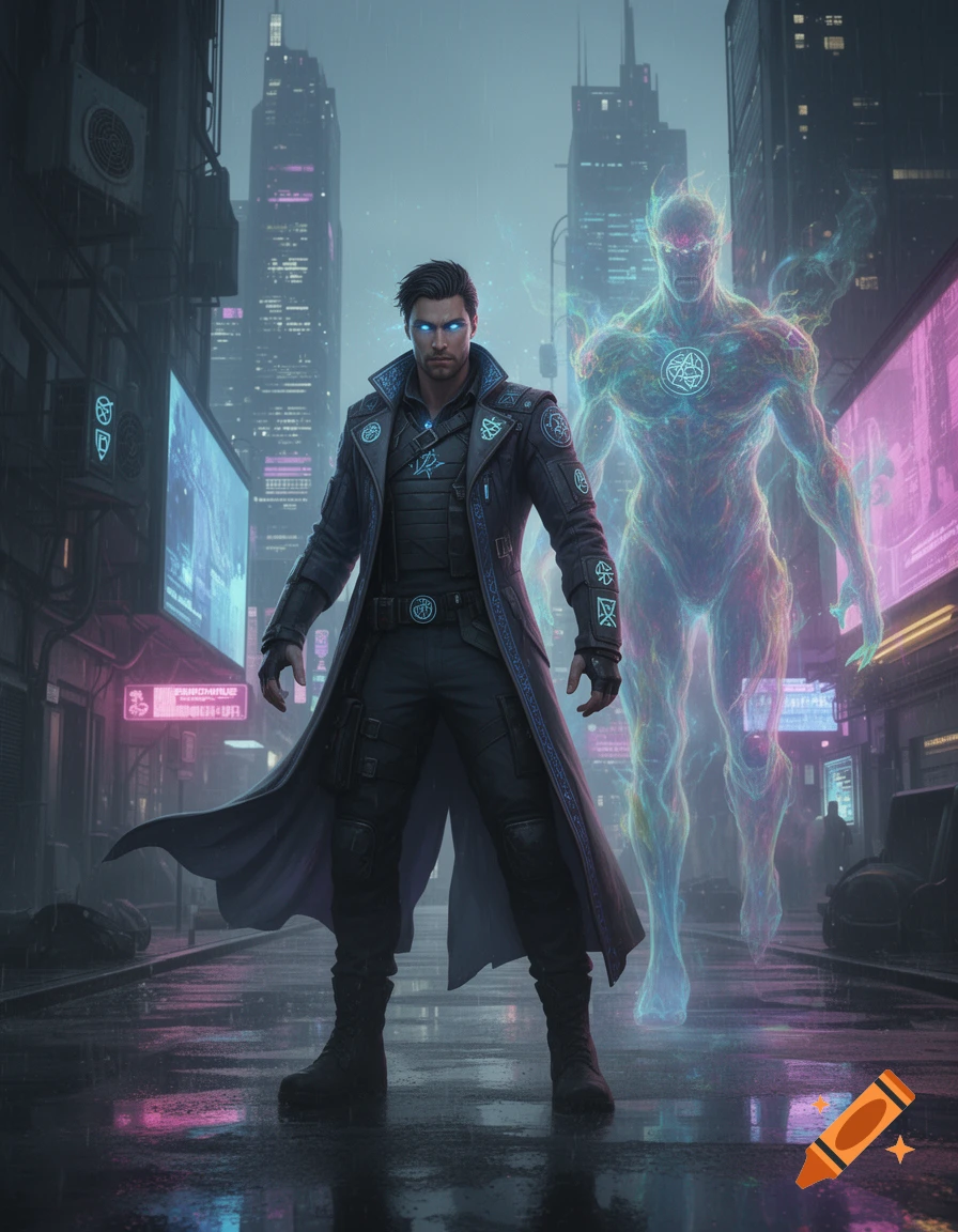 Man with glowing eyes and trench coat in a rainy cyberpunk city street with a shimmering ethereal spirit behind him.