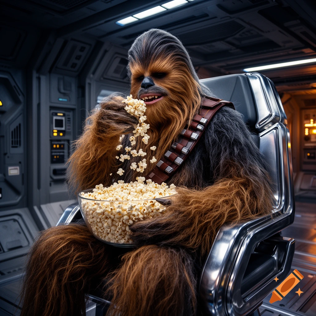 Photorealistic Chewbacca from Star Wars sitting in a spaceship, happily eating popcorn from a bowl.