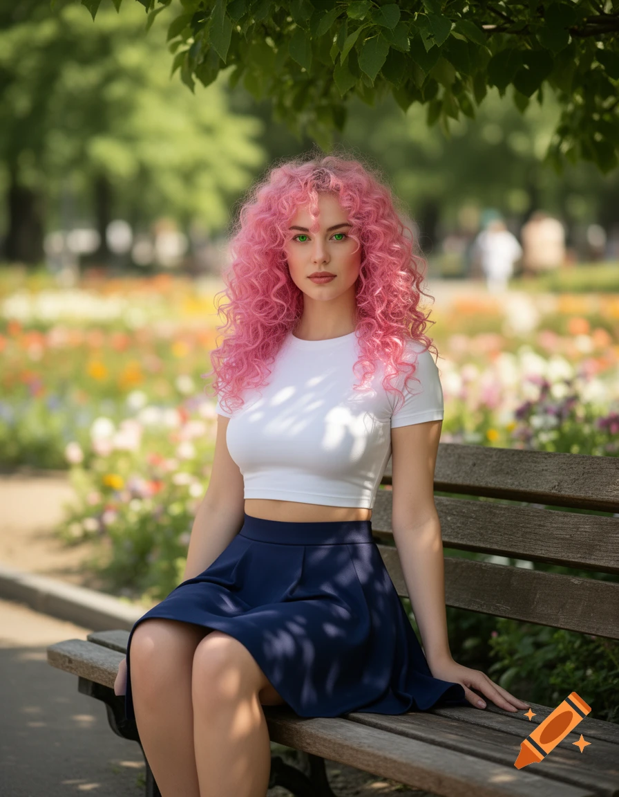 Photorealistic image of a young woman with pink curly hair and green eyes, wearing a white crop top and blue skirt, sitting on a park bench.
