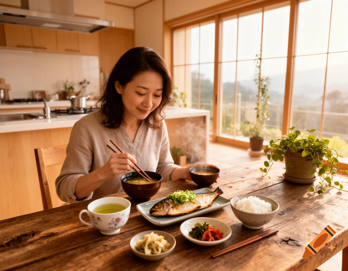 A woman enjoys a traditional Japanese breakfast of grilled fish, rice, and miso soup at a wooden table in a sunlit room with a large window.