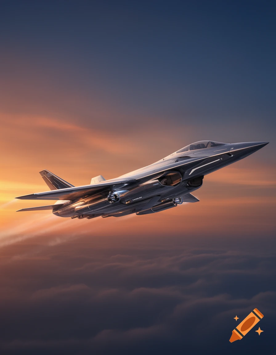 A sleek, dark futuristic fighter jet soars through an orange and blue sunset sky above clouds, with a visible contrail.
