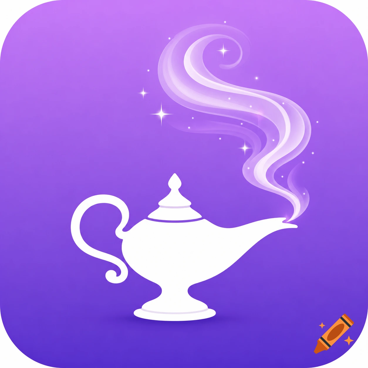 A white silhouette of a genie's lamp with swirling white mist and sparkles rising from its spout on a rounded gradient purple background.