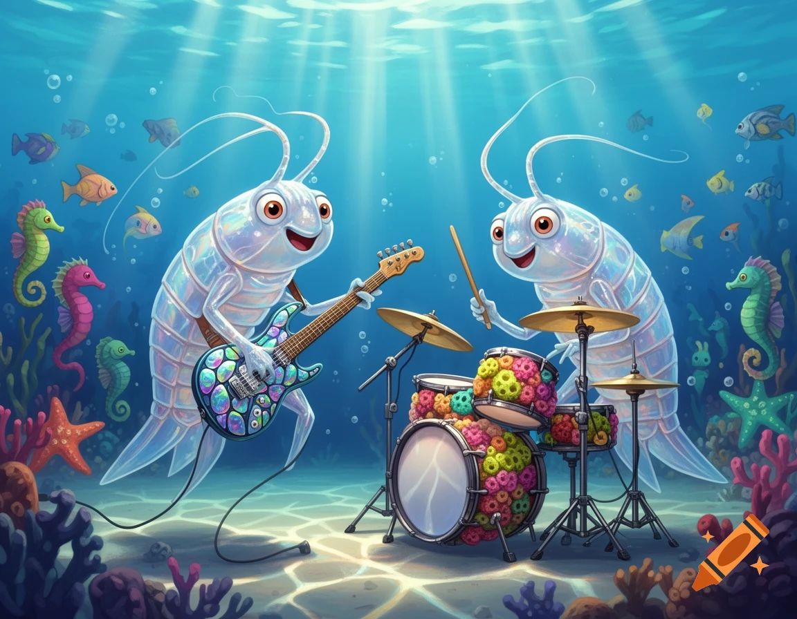 Two cartoon shrimp-like creatures play electric guitar and drums underwater amidst colorful fish and coral.