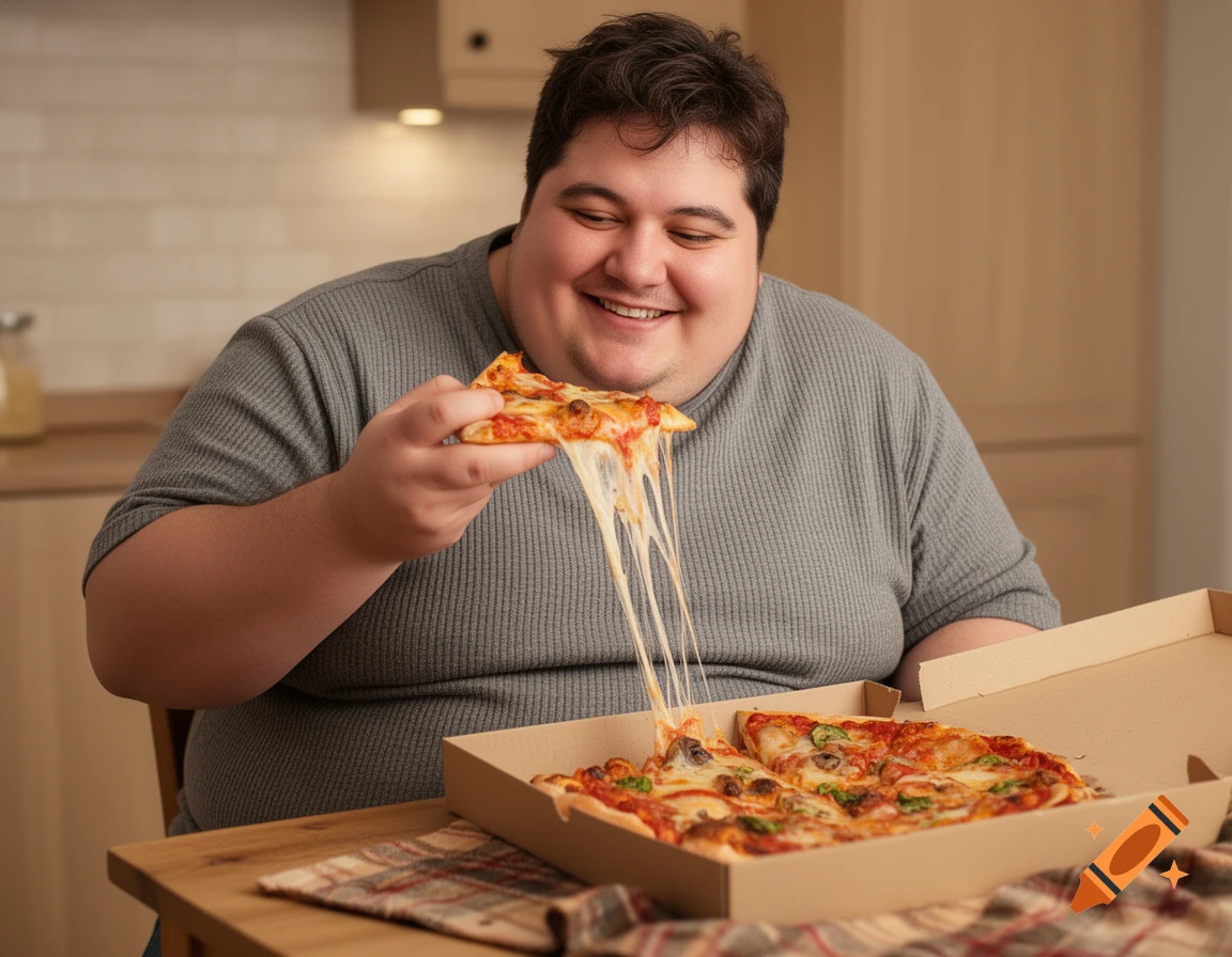 A smiling man with a full beard holds a slice of pizza with stretching cheese over an open pizza box.