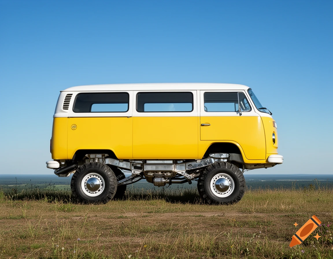 A yellow and white Volkswagen T2 van, lifted on an off-road chassis with large wheels, on a grassy hill under a clear blue sky.