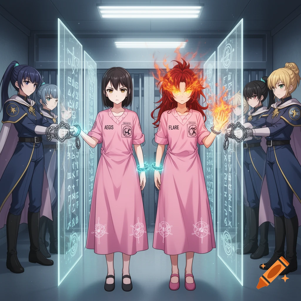 Anime scene of two sorceresses, Aegis and Flare, in pink prison gowns, chained between glowing magical barriers by guards.