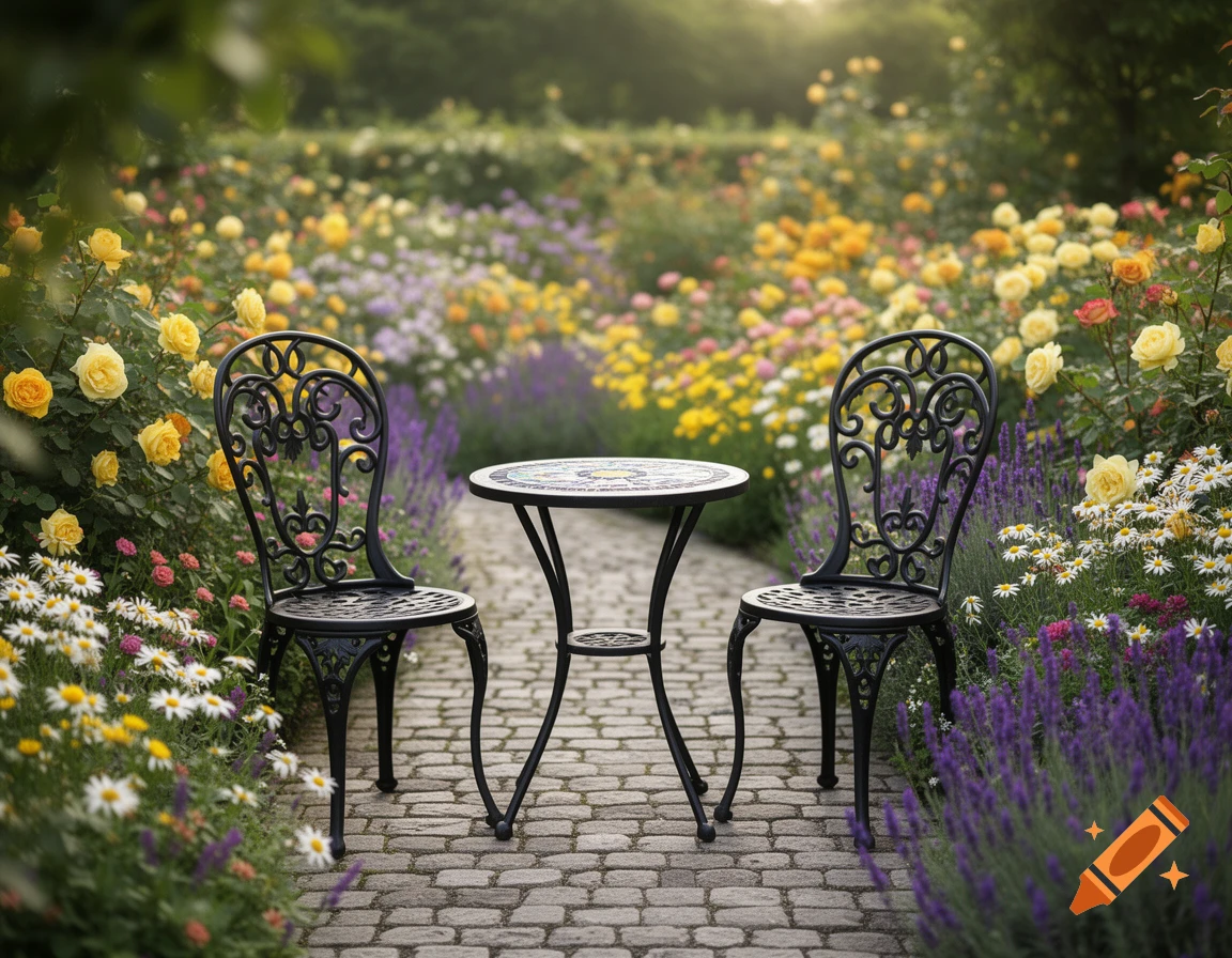 Two black decorative iron chairs and a mosaic table on a stone path in a lush garden filled with colorful flowers.